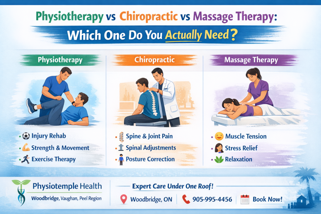 Physiotherapy vs chiropractic vs massage therapy at Physiotemple Health in Woodbridge Vaughan