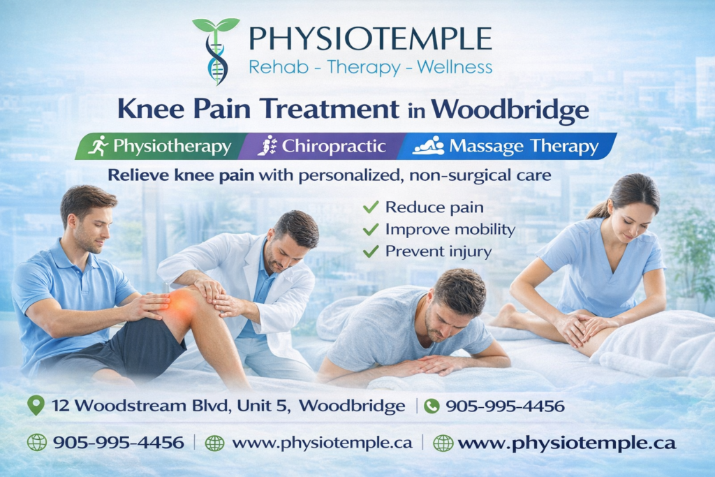 Knee pain treatment using physiotherapy, chiropractic, and massage therapy at Physiotemple Health in Woodbridge Vaughan