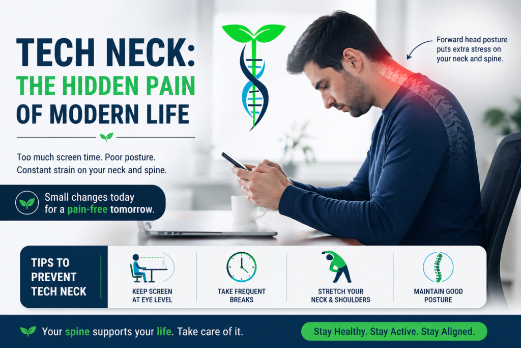 Tech neck treatment using physiotherapy chiropractic and massage therapy at Physiotemple Health in Woodbridge Vaughan