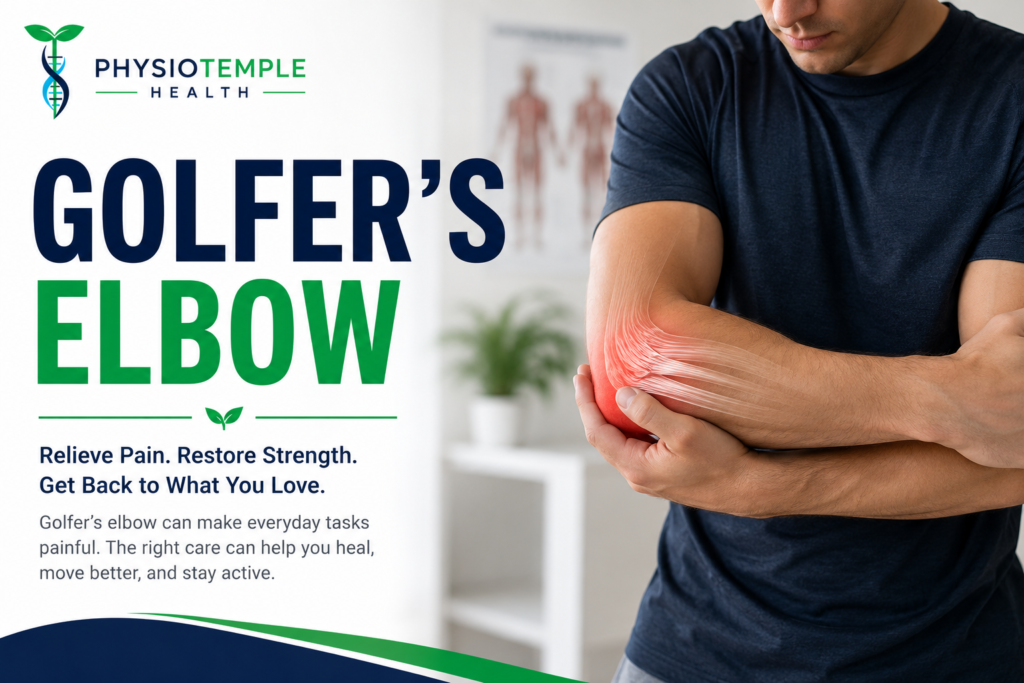 Golfer’s elbow treatment using physiotherapy chiropractic and massage therapy at Physiotemple Health in Woodbridge Vaughan