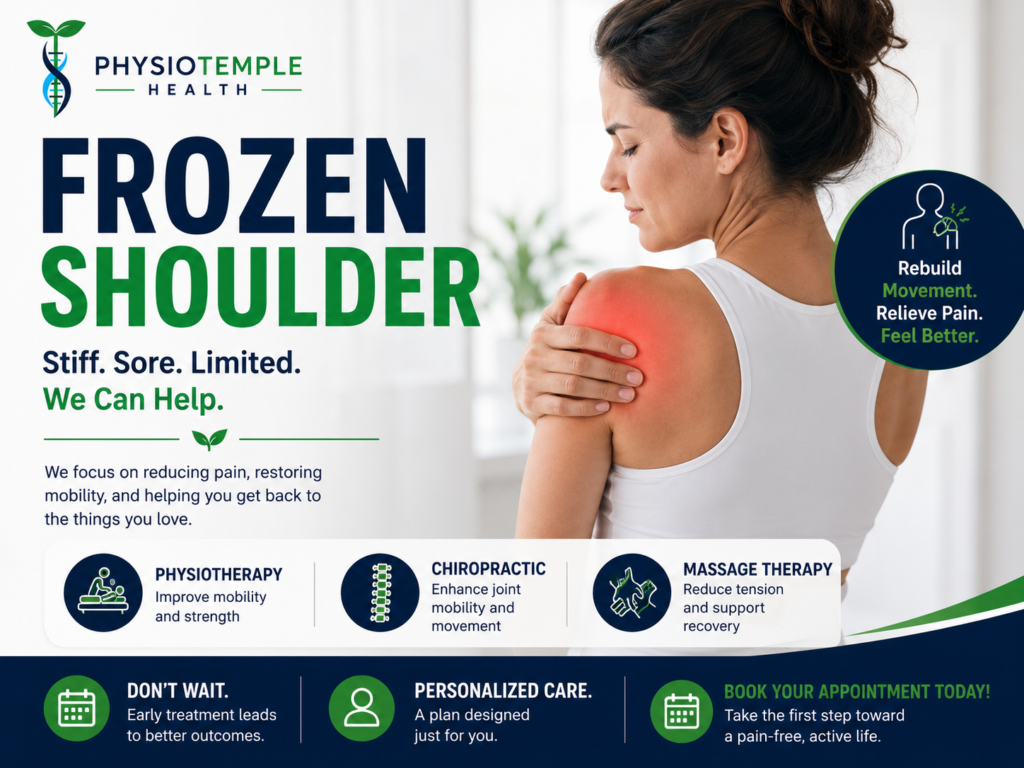 Frozen shoulder treatment using physiotherapy chiropractic and massage therapy at Physiotemple Health in Woodbridge Vaughan