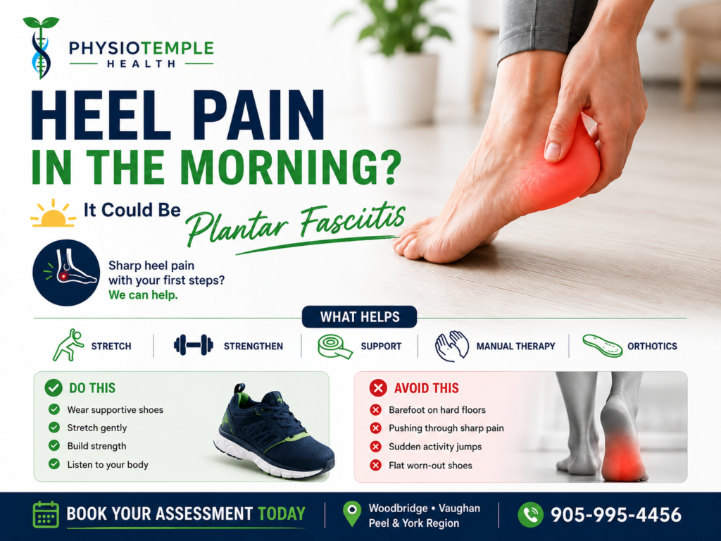 Heel pain in the morning and plantar fasciitis treatment at Physiotemple Health in Woodbridge Vaughan