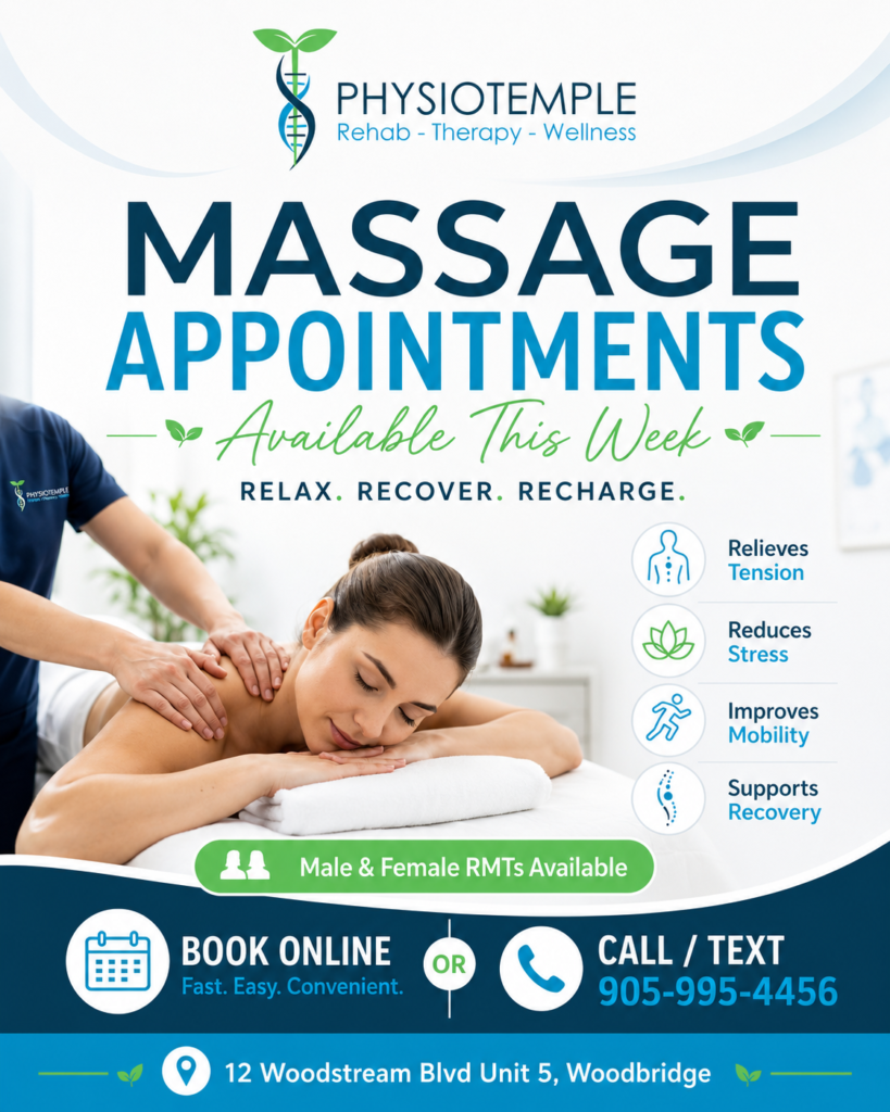 Massage therapy appointment for tight muscles stress relief and recovery at Physiotemple Health in Woodbridge Vaughan