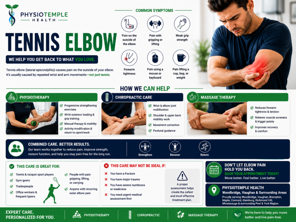 Tennis elbow treatment using physiotherapy chiropractic and massage therapy at Physiotemple Health in Woodbridge Vaughan